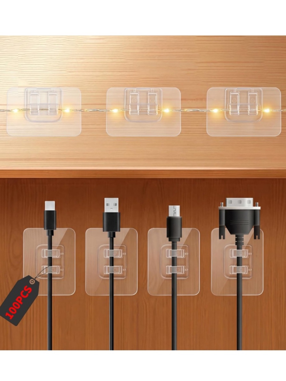 Clear Adhesive Cable Clips with Mounts - Transparent Cord Organizers